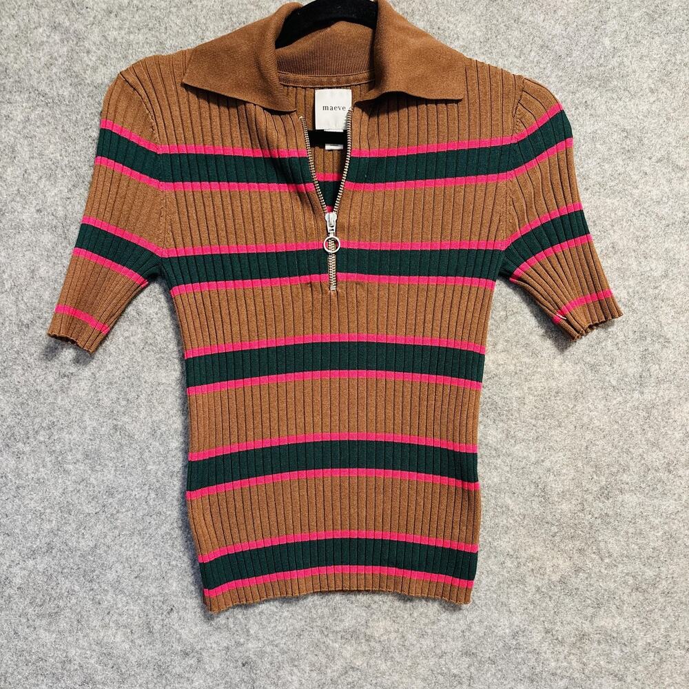 Maeve Anthropologie Sweater Womens Size XS Brown Striped 1/2 Zip Short Sleeve
